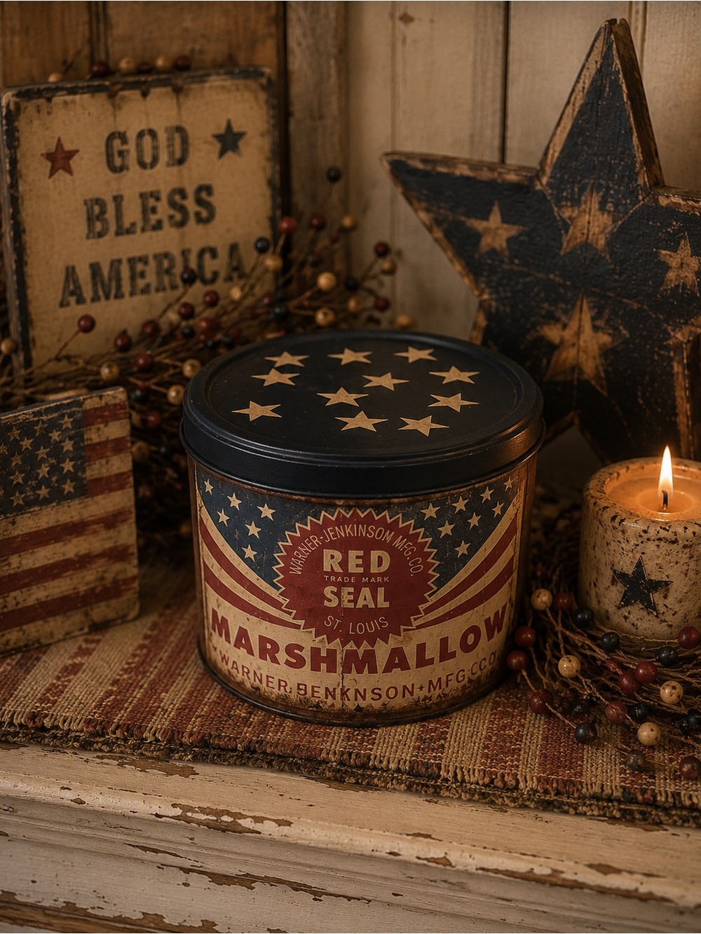 Replica Vintage-Style Red Seal Marshmallow Tin - Patriotic Navy & Cream